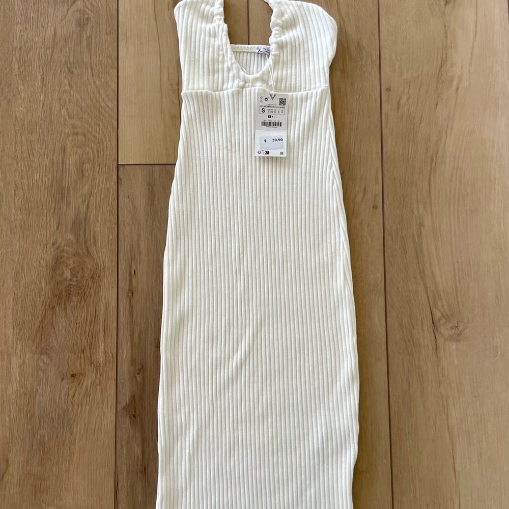 Zara White Ribbed Halter Dress Sz Small